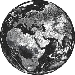 Black and white illustration of planet Earth continents 1