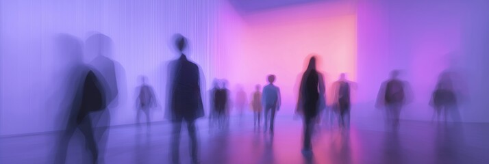 Fototapeta premium Motion blur crowd passing through luminous tech atrium, ambient space, interactive surfaces, gradient lighting