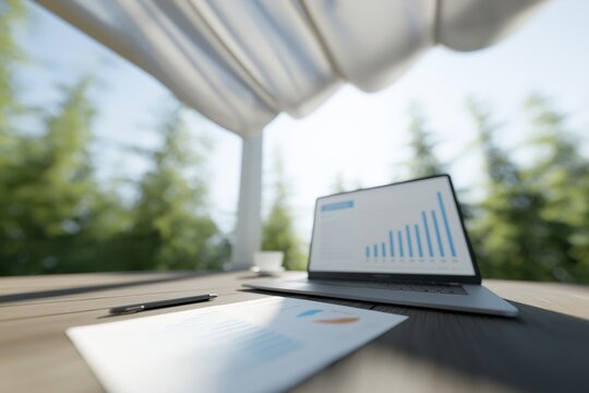 Modern workspace setup under shaded pergola, laptop with growth metrics, mobile ads performance, bright mid-day natural light, blurred trees background