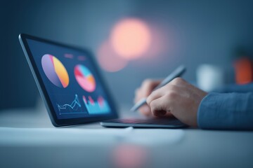 Person analyzing real-time audience analytics on digital display with interactive pie charts and growth lines