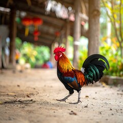Colorful rooster struts across dirt path, rural setting