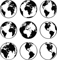 Nine Black And White Globe Illustrations earth world