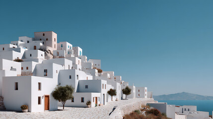 Picturesque white buildings on a hillside overlooking the sea under a clear blue sky