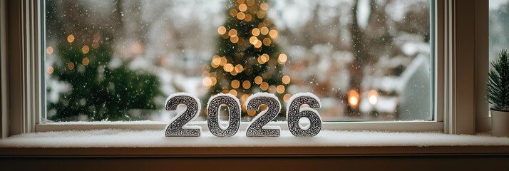 Frosted glass 2026 digits on snow-dusted windowsill, backlit by soft winter daylight