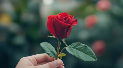 Hand Holding a Single Red Rose with Smooth Petals Against a Soft Focus Background