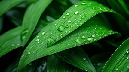 Close-Up View of Fresh Green Leaves with Water Droplets on Surface in Natural Environment