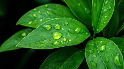 Fresh Green Leaves with Water Droplets on Black Background for Nature and Botany Themes