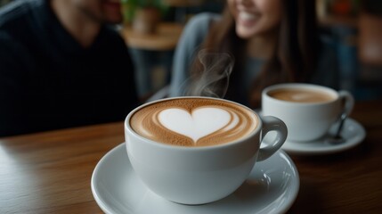 Cozy Cafe Scene with Heart-Shaped Latte Art and Happy Friends Enjoying Coffee Together