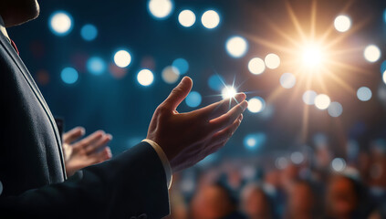 A confident speaker gestures towards an engaged audience, illuminated by bright stage lights, evoking excitement.