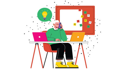 Vector art of a senior man is working from home with two laptops and a whiteboard, he is talking on the phone and has an idea