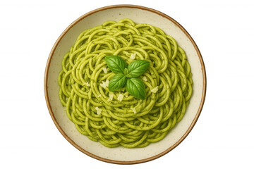 Spaghetti pasta with green pesto sauce, fresh basil leaves, and grated cheese, italian food dish, transparent background