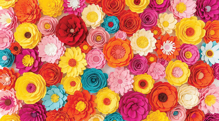 Vector art of a vibrant and colorful display of handcrafted paper flowers, showcasing a diverse range of hues and intricate designs, creating a cheerful and festive floral arrangement
