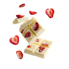 Flying white chocolate pieces and fresh strawberry slices. Creative dessert concept for advertising, isolated on a graphic background.
