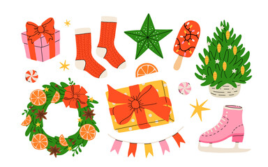 Xmas items set. Christmas tree, Santa with gifts, snowman. Festive wreath, candy canes, gingerbreads. New year decorations. Winter holiday decor. Flat isolated vector illustration on white background