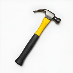 A close-up of a yellow-handled hammer on a white background, symbolizing tools and craftsmanship.