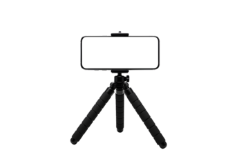 Smartphone mounted on a portable tripod with a blank screen, ideal for vlogging and content creation