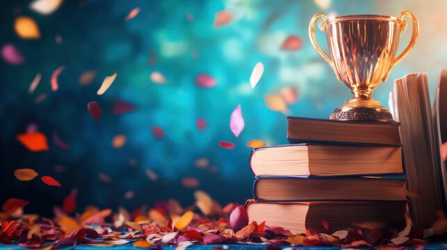 Learning celebration with colorful leaves and a golden trophy