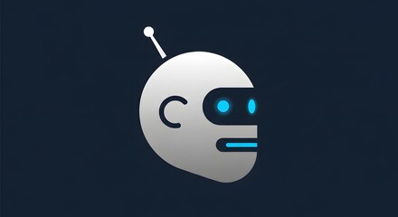 A stylized white robot head with blue glowing eyes and mouth on a dark blue background illustration