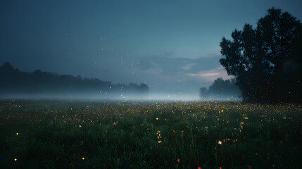 Magical fireflies illuminate a misty meadow at dusk under a twilight sky