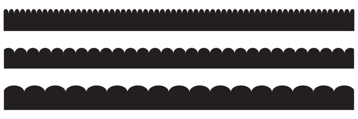 Scalloped edge seamless brush strokes set. Simple scalloped border. Fabric laces silhouette. Repeat cute vintage frill ornament. Texture ribbons. Vector illustration Blue and Black color EPS 10.
