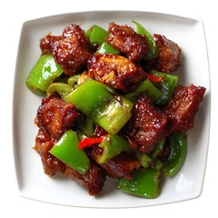 Chinese stir-fry with sweet and sour pork ribs and green peppers. Top view of an authentic Asian dish. Isolated on a graphic background.