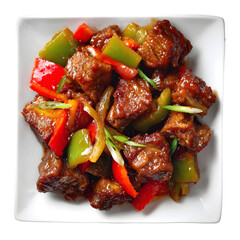 Chinese stir-fry with sweet and sour pork ribs and green peppers. Top view of an authentic Asian dish. Isolated on a graphic background.