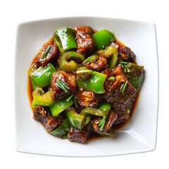 Chinese stir-fry with sweet and sour pork ribs and green peppers. Top view of an authentic Asian dish. Isolated on a graphic background.