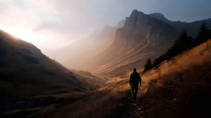 Obraz premium A lone hiker walks a mountain trail bathed in the warm glow of golden hour sunlight creating a dramatic and serene landscape