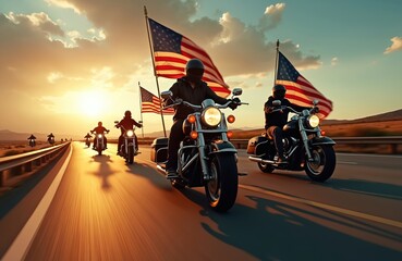 Group of men bikers ride classic motorcycles with American flags attached proudly. Cruise on long open highway at golden sunset. Riders enjoy patriotic journey, celebrating national pride, freedom