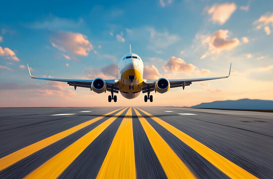 A commercial airplane prepares for takeoff on a vibrant runway under a colorful sky.