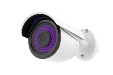 White security camera with purple L E Ds isolated on a transparent background