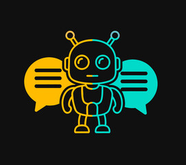 A robot with speech bubbles in yellow and cyan on a black background in a simple vector style