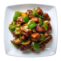 Chinese stir-fry with sweet and sour pork ribs and green peppers. Top view of an authentic Asian dish. Isolated on a graphic background.