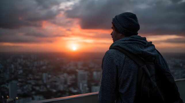 A lone man wearing a beanie and hoodie stands on a rooftop gazing at a dramatic sunset illuminating the vast city skyline below
