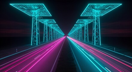 Futuristic highway with neon lights and solar panels, representing advanced technology and transportation.