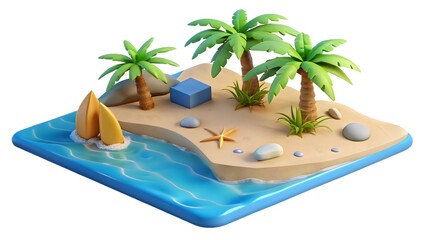 Obraz premium A stylized tropical island scene featuring palm trees, surfboards, and a blue cube on the sand