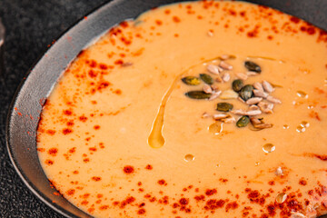 cream soup pumpkin first course vegetables dish natural product tasty snack fresh delicious gourmet food background on the table rustic top view copy space keto and paleo diet vegan and vegan food