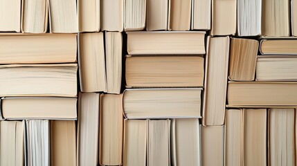 Stacked Books with White Beige Spines, Textured Educational Reading Background
