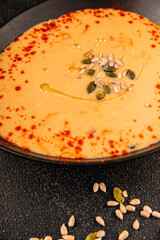 cream soup pumpkin first course vegetables dish natural product tasty snack fresh delicious gourmet food background on the table rustic top view copy space keto and paleo diet vegan and vegan food