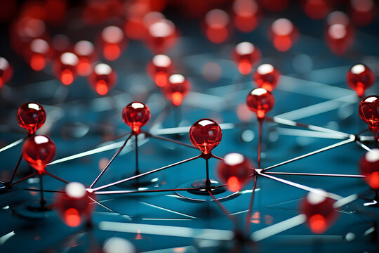 Complex network structure of interconnected red spheres and lines on a blue backdrop illustrating molecular connections
