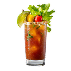Classic Bloody Mary cocktail with celery and lime garnish. Spicy vodka drink for brunch menu. Isolated on graphic background for design.