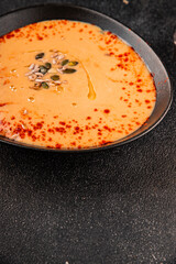 cream soup pumpkin first course vegetables dish natural product tasty snack fresh delicious gourmet food background on the table rustic top view copy space keto and paleo diet vegan and vegan food