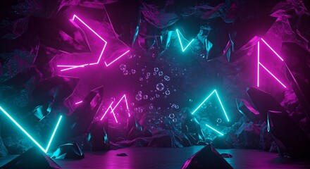 Abstract neon light display with geometric shapes and dark background.