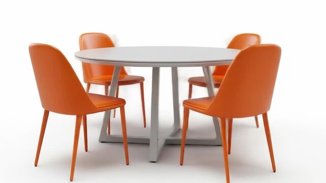 A modern dining set featuring a round white table supported by angled legs, surrounded by four orange chairs with sleek, curved backs