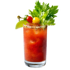Classic Bloody Mary cocktail with celery and lime garnish. Spicy vodka drink for brunch menu. Isolated on graphic background for design.