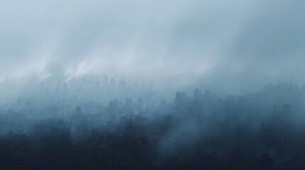 Obraz premium Misty urban skyline obscured by dense fog creating a desolate and atmospheric mood