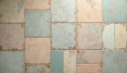 Obraz premium Weathered pastel square tiles create a rustic floor pattern. Aged ceramic surface shows muted colors and distressed texture. Retro design with a vintage feel adds character to interiors.