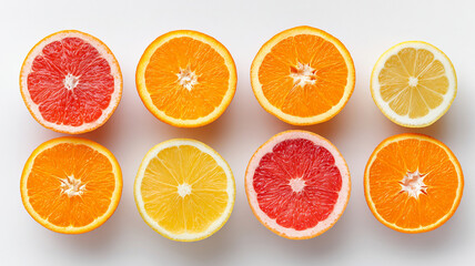 Fototapeta premium Fresh and colorful collection of citrus fruit including orange, lemon, and grapefruit. Healthy food from top view isolated on white background feels vibrant and full of vitamins