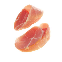 Sliced smoked ham, Canadian bacon. Two delicious pork loin slices isolated for breakfast or sandwich design.