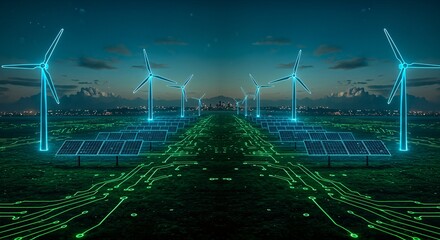 Futuristic digital landscape showcasing a renewable energy farm with glowing wind turbines and solar panels integrated with circuit board patterns.